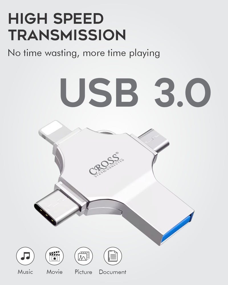 CROSS® 256 GB Pendrive, with Light-ning, Micro USB, USB A, Type-C Interface Mini PenDrive for iOS Working with iPhone 15 & 16 Series & Android Compatible with Phone, Pad, Android, PC - Image 4