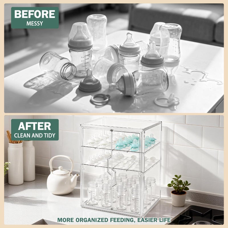 RISICULIS Baby Bottle Organizer, 3-Tier Bottle Storage for Countertop with Double Magnetic Doors, Clear Plastic Bottle Station Organizer with 2 Adjustable Dividers for Kitchen, Bathroom, Cabinet, Vanity - Image 3