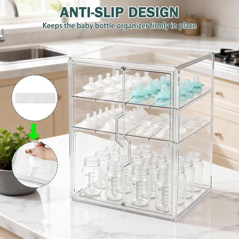 RISICULIS Baby Bottle Organizer, 3-Tier Bottle Storage for Countertop with Double Magnetic Doors, Clear Plastic Bottle Station Organizer with 2 Adjustable Dividers for Kitchen, Bathroom, Cabinet, Vanity - Image 4