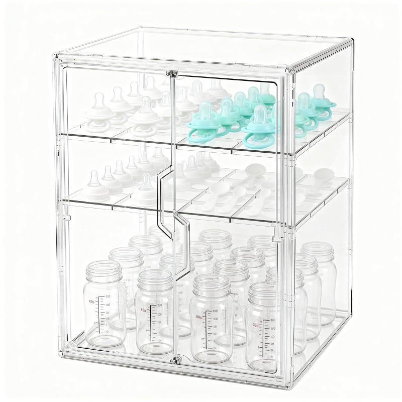 RISICULIS Baby Bottle Organizer, 3-Tier Bottle Storage for Countertop with Double Magnetic Doors, Clear Plastic Bottle Station Organizer with 2 Adjustable Dividers for Kitchen, Bathroom, Cabinet, Vanity - Image 1