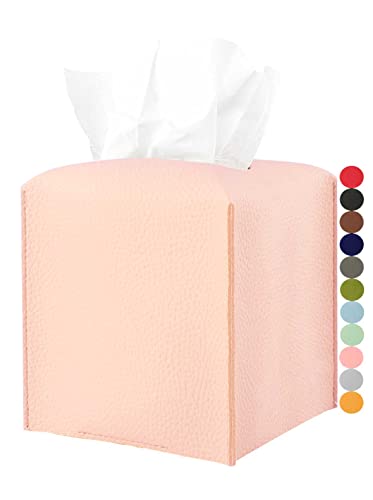 JESMINI Pink Tissue Box Cover Leather – with Bottom Belt [JESMINI] Decorative Modern PU Leather Tissue Box Holder for Bathroom Vanity/Night Stands/Office - Image 1