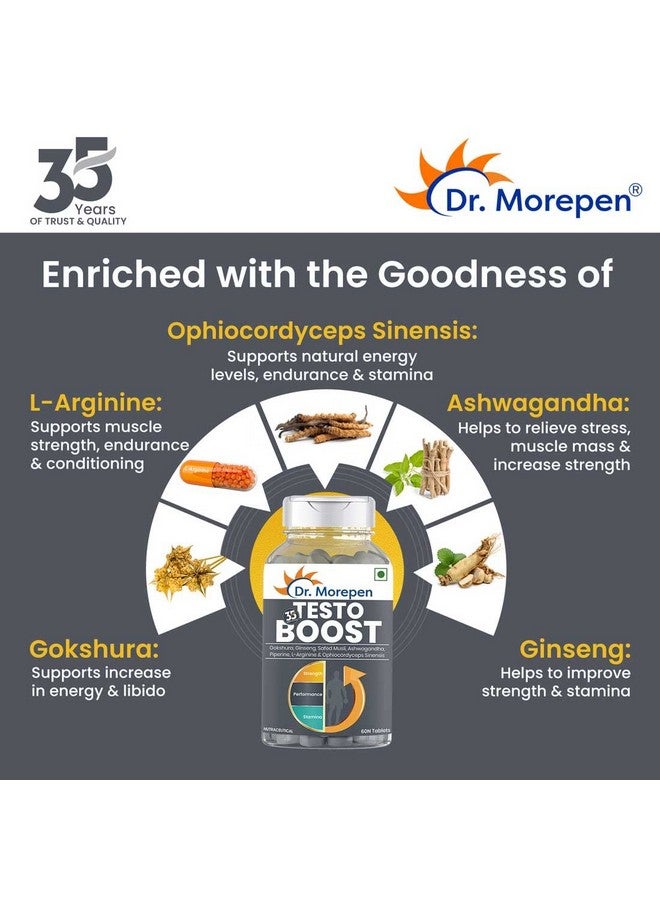 Dr. Morepen DR. MOREPEN Testo Boost For Men Enriched With Gokshura, Shilajit, Safed Musli, Ashwagandha, L-Arginine, & Ophiocodyceps Sinensis - 60 Veg Tablets - Image 2
