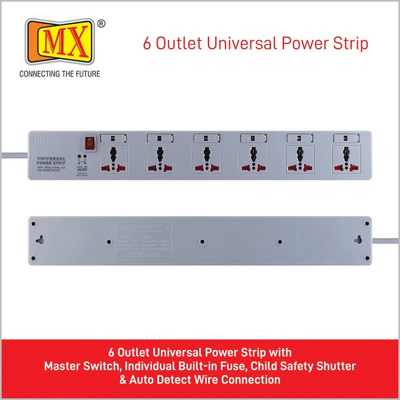 MX MX 6 Outlet Universal Power Strip Extension Board with Master Fuse for Each Socket Heavy Duty 3 mtr Power Cord with Child Saftey Shutter  - Image 2