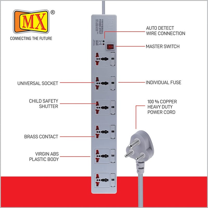 MX MX 6 Outlet Universal Power Strip Extension Board with Master Fuse for Each Socket Heavy Duty 3 mtr Power Cord with Child Saftey Shutter  - Image 3