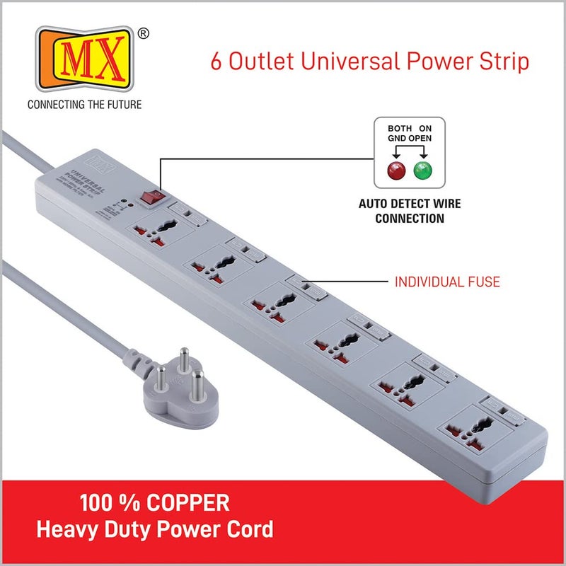 MX MX 6 Outlet Universal Power Strip Extension Board with Master Fuse for Each Socket Heavy Duty 3 mtr Power Cord with Child Saftey Shutter  - Image 5