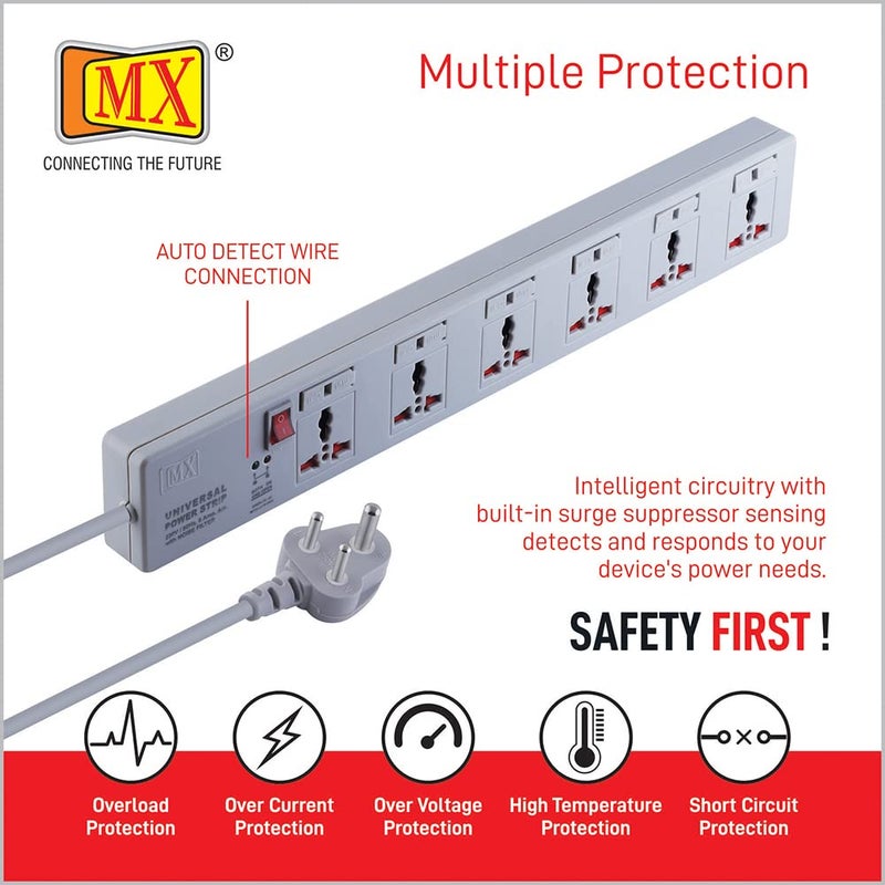 MX MX 6 Outlet Universal Power Strip Extension Board with Master Fuse for Each Socket Heavy Duty 3 mtr Power Cord with Child Saftey Shutter  - Image 4
