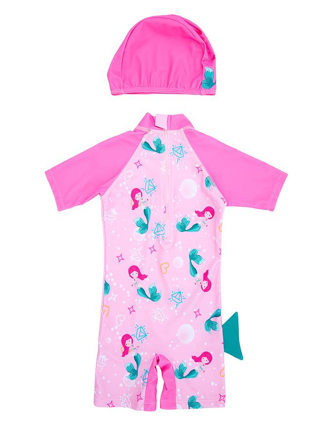 بيبي كلو طقم سباحة بناتي وردي حورية البحر قطعتين مع قبعة - Image 2