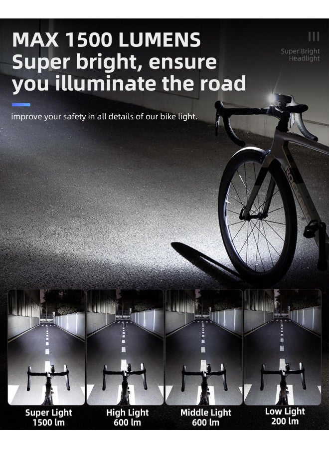 Rockbros ROCKBROS 1500 Lumens Bike Light for Night Riding, 5000mAh USB-C Rechargeable Bike Headlight, Aluminium Alloy IPX6 Waterproof Bike Front Light, 5 Modes & Auto Mode Anti-Dazzling LED Bike Light - Image 2
