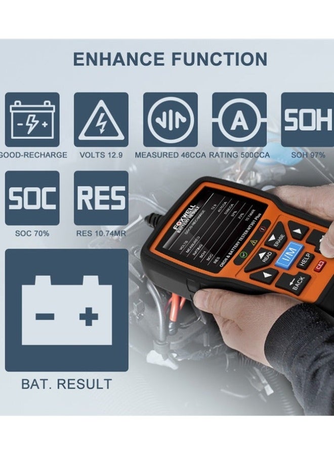 Foxwell 2 in 1 OBD2 Scanner Battery Tester, OBDII Diagnostic Tool Check Engine Car Code Reader, 12V 100-1100CCA Cranking Charging System Alternator Test, Live Data, Full ODB2 Diagnosis - Image 4