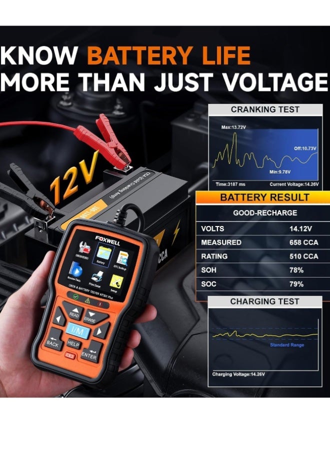 Foxwell 2 in 1 OBD2 Scanner Battery Tester, OBDII Diagnostic Tool Check Engine Car Code Reader, 12V 100-1100CCA Cranking Charging System Alternator Test, Live Data, Full ODB2 Diagnosis - Image 3