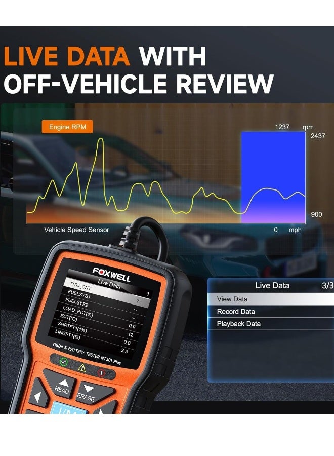 Foxwell 2 in 1 OBD2 Scanner Battery Tester, OBDII Diagnostic Tool Check Engine Car Code Reader, 12V 100-1100CCA Cranking Charging System Alternator Test, Live Data, Full ODB2 Diagnosis - Image 5