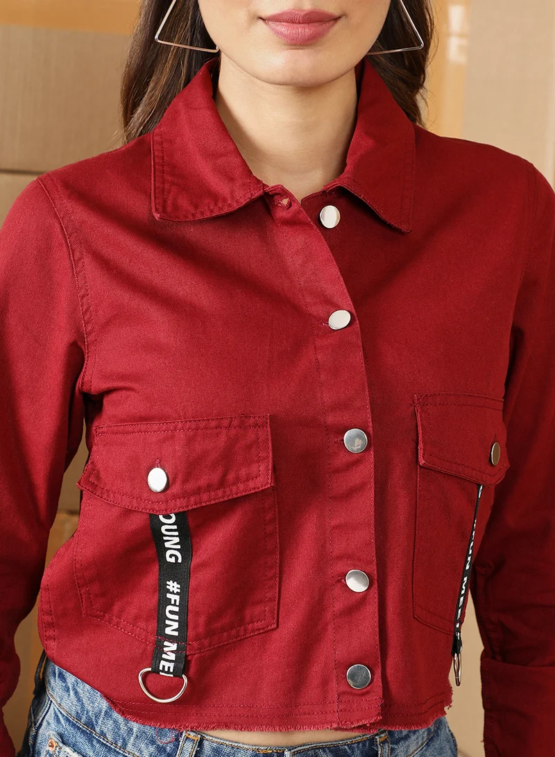 كامبوس سوترا Women's Burgundy Red Button-Front Crop Jacket