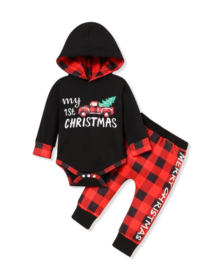 bilison My 1st Christmas Infant Baby Boy Outfits Set Newborn Boy Hoodies Sweatshirt Red Plaid Romper+Pant clothing Set - Image 1