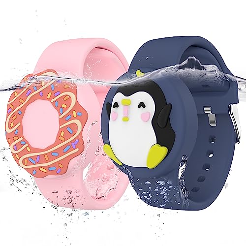 typecase Waterproof Air tag Bracelets for Kids (2 Pack) - Soft Silicone Hidden Air tag Wristband - Lightweight GPS Tracker Holder Compatible with Apple Airtag Band for Child (Penguin/Donut) - Image 1