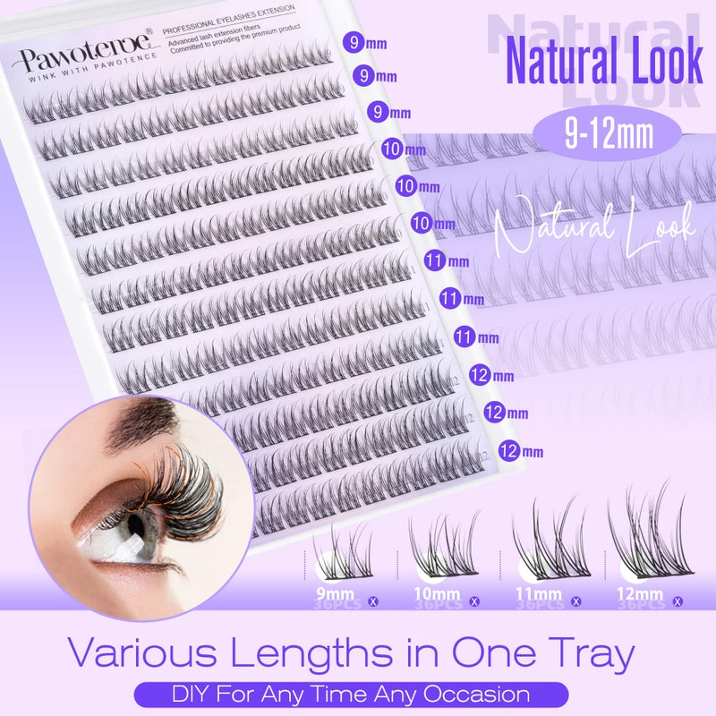 Pawotence Natural Lash Clusters Wispy Cluster Eyelash Extensions 144pcs Eyelash Clusters 9-12mm Individual Lashes Extension DIY Soft C Curved Lashes Clusters - Image 2