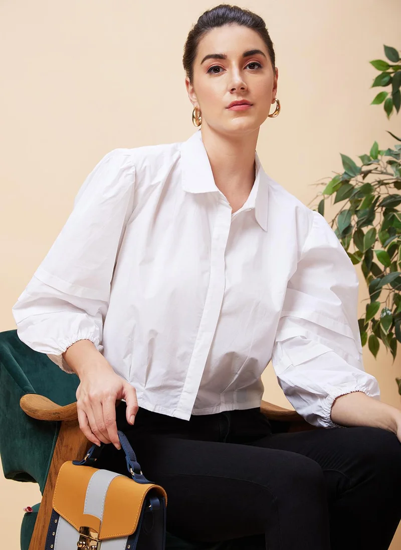 globus Globus Women White Puff Sleeve Pure Cotton Shirt Style Crop Top