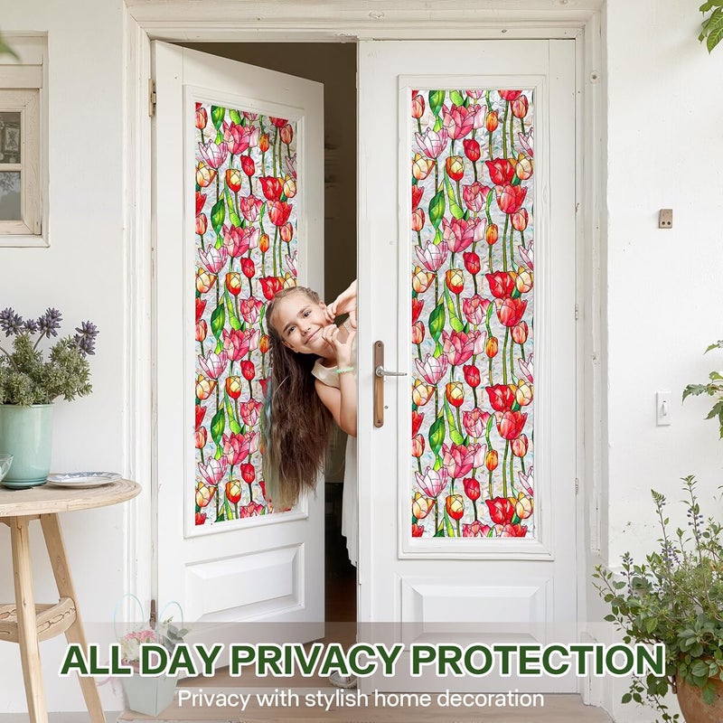Aomkmi Stained Glass Window Film UV Resistant Window Privacy Film Red Floral Privacy Rainbow Decals Living Room Bedroom Sun Blocking Decor Removable Static Cling Stickers 17 x 78.74 Inch - Image 3
