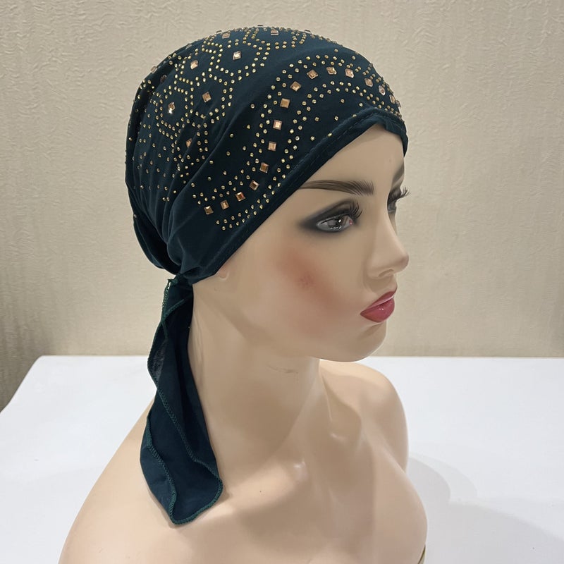 Fashion Crystal Hemp Drilling Ear Cap African Wrap Head Scarf Arab Scarf Chemotherapy Cap H088 - Image 1