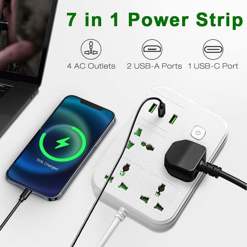 نكومي مقبس تمديد سلك طاقة عالمي، محول قابس حائط نيكومي مع 2 منفذ USB (2.1 أمبير)، 1 منفذ Type C و4 مجموعات منافذ طاقة ذكية، حماية من زيادة الجهد، سلك طاقة بقابس بريطاني للمكتب المنزلي (5 متر/أبيض) - Image 2