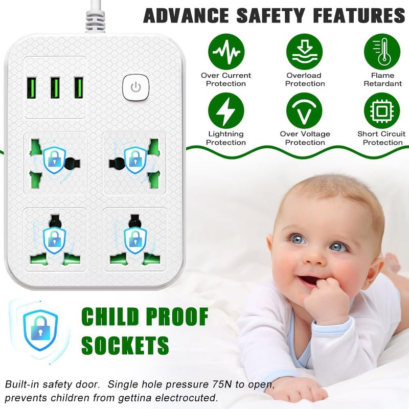 نكومي مقبس تمديد سلك طاقة عالمي، محول قابس حائط نيكومي مع 2 منفذ USB (2.1 أمبير)، 1 منفذ Type C و4 مجموعات منافذ طاقة ذكية، حماية من زيادة الجهد، سلك طاقة بقابس بريطاني للمكتب المنزلي (5 متر/أبيض) - Image 4
