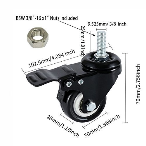 DICASAL 2" Stem Casters, Heavy Duty Swivel Stem Casters PU Foam Quite Mute No Noise Castors Markless Wheels Double Bearings and Locks Loading 300 Lbs Pack of 4 with Brake Black - Image 3