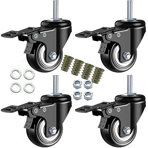 DICASAL 2" Stem Casters, Heavy Duty Swivel Stem Casters PU Foam Quite Mute No Noise Castors Markless Wheels Double Bearings and Locks Loading 300 Lbs Pack of 4 with Brake Black - Image 1