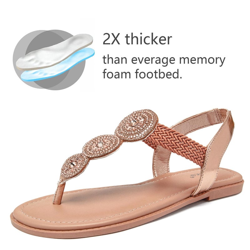 Luoika Women's Wide Width Flat Sandals, Flip Flop Thong Sandals Strappy Rhinestone Comfortable Summer Beach Shoes for Women.813 Tan 8XW - Image 5