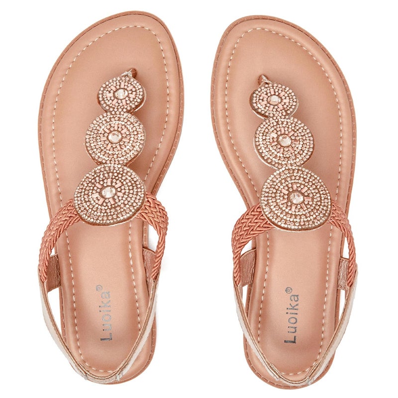 Luoika Women's Wide Width Flat Sandals, Flip Flop Thong Sandals Strappy Rhinestone Comfortable Summer Beach Shoes for Women.813 Tan 8XW - Image 1