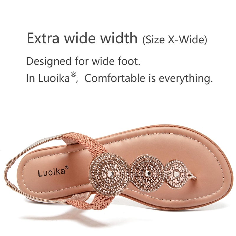 Luoika Women's Wide Width Flat Sandals, Flip Flop Thong Sandals Strappy Rhinestone Comfortable Summer Beach Shoes for Women.813 Tan 8XW - Image 4