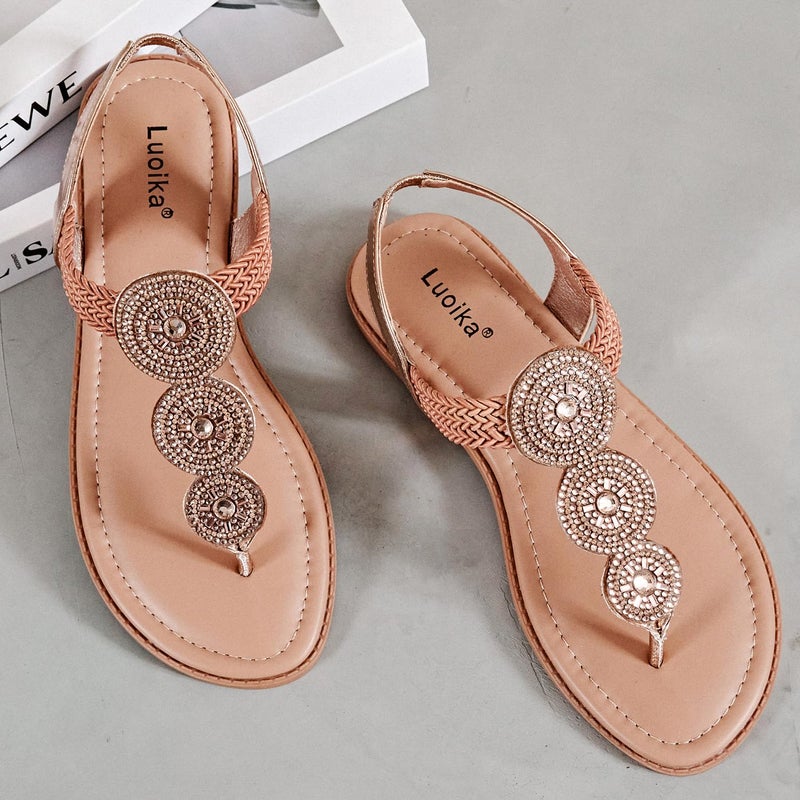 Luoika Women's Wide Width Flat Sandals, Flip Flop Thong Sandals Strappy Rhinestone Comfortable Summer Beach Shoes for Women.813 Tan 8XW - Image 3