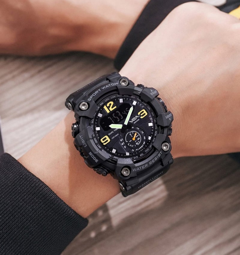 V2A Resin Fighter Analog Digital Sport Watch With Midnight Black Dial for Men and Boys, Black Band - Image 2