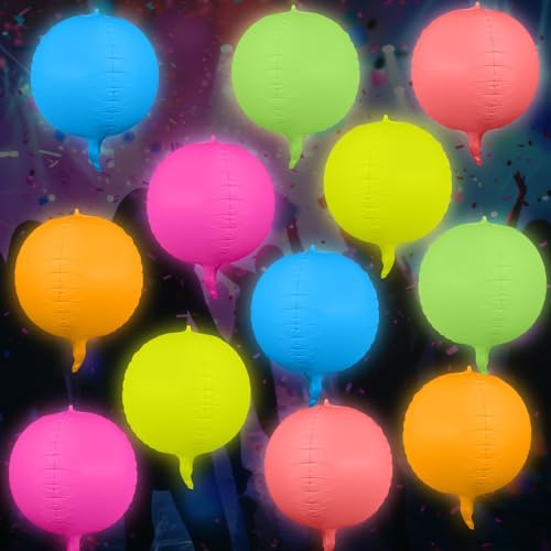 Vertintong 12 Pcs 22 Inches Round Glow in The Dark Neon Balloons Glow Party Supplies Neon Foil Balloons 90 80s Hip Hop for Christmas Happy New Year Birthday Wedding Anniversary Backdrop Decor - Image 1