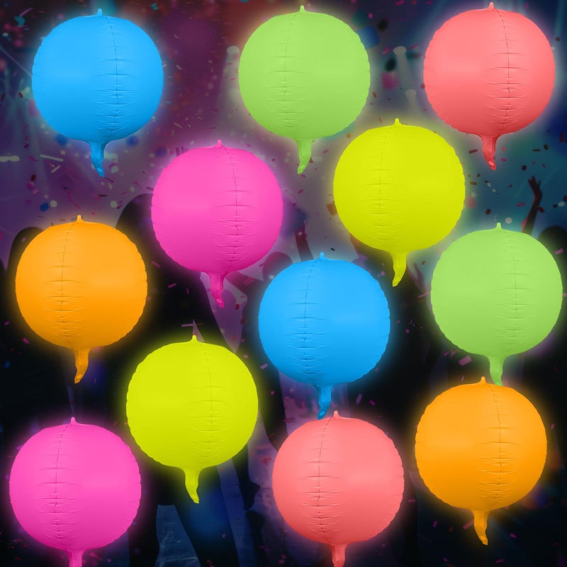 Vertintong 12 Pcs 22 Inches Round Glow in The Dark Neon Balloons Glow Party Supplies Neon Foil Balloons 90 80s Hip Hop for Christmas Happy New Year Birthday Wedding Anniversary Backdrop Decor - Image 3