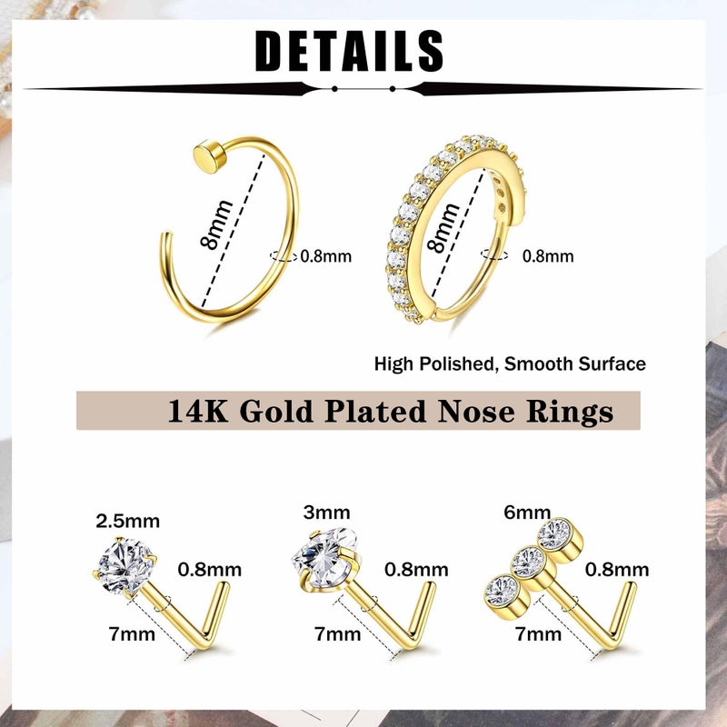 Besteel 14K Gold Filled Nose Ring Studs 20G Nose Rings Hoops Stud 316L Stainless Steel Nose Rings Round CZ Heart L Shaped Nose Stud Hypoallergenic Nostril Piercing Jewelry for Women Men 10Pcs - Image 4