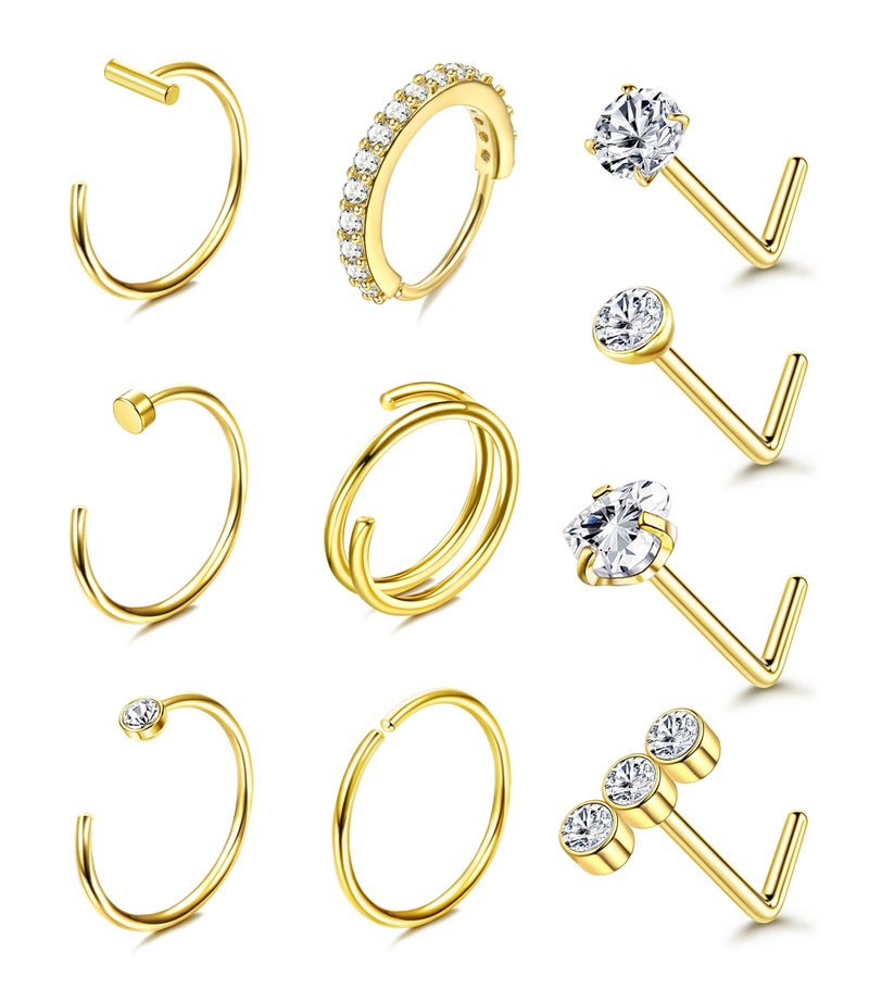 Besteel 14K Gold Filled Nose Ring Studs 20G Nose Rings Hoops Stud 316L Stainless Steel Nose Rings Round CZ Heart L Shaped Nose Stud Hypoallergenic Nostril Piercing Jewelry for Women Men 10Pcs - Image 1