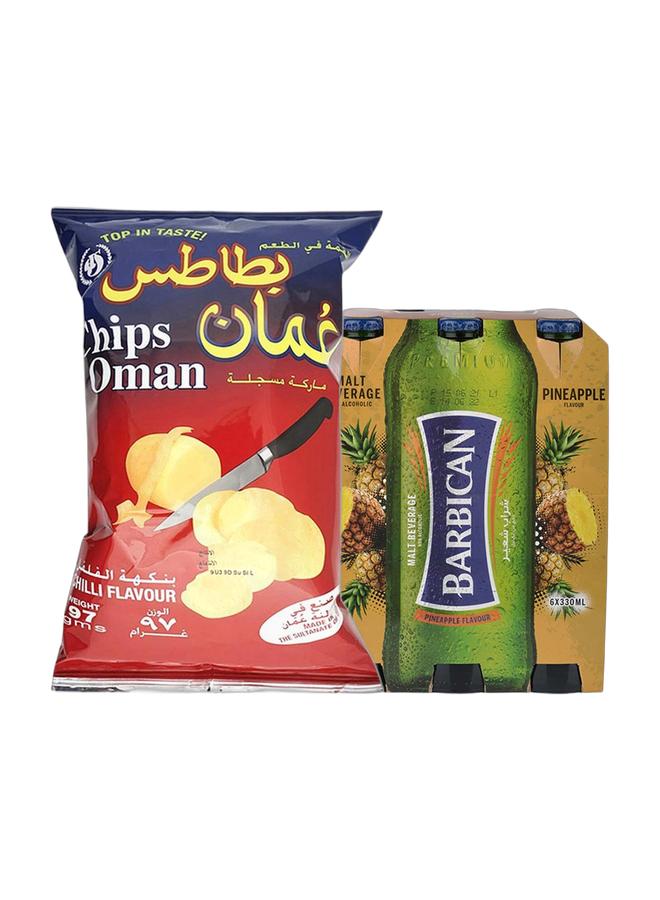 noon Chips Oman Chilli Flavour Potato Chips 97grams + Barbican Pineapple Flavoured Non-Alcoholic Malt Beverage NRB Pineapple 330ml Pack of 6 - Image 1