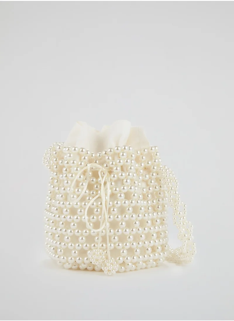 0711 Tbilisi White Pearl Embellished Bucket Bag
