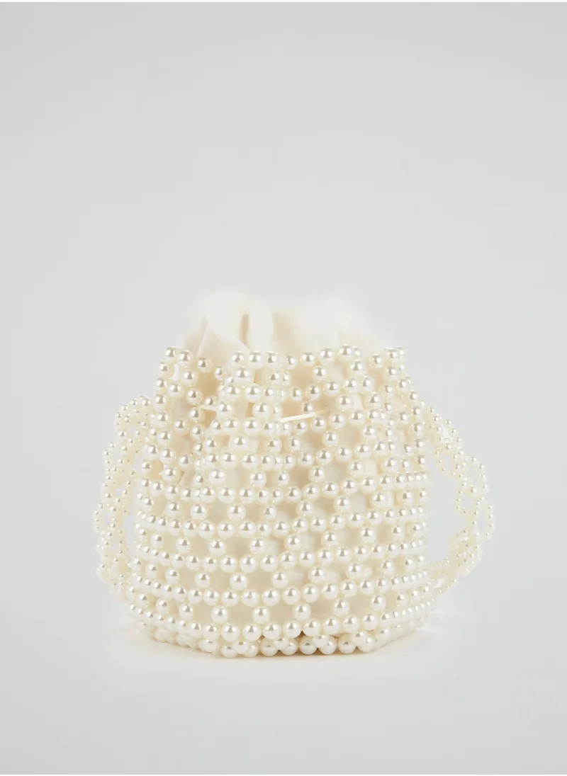 0711 Tbilisi White Pearl Embellished Bucket Bag
