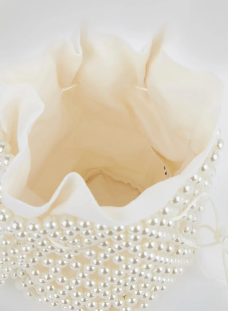 0711 Tbilisi White Pearl Embellished Bucket Bag