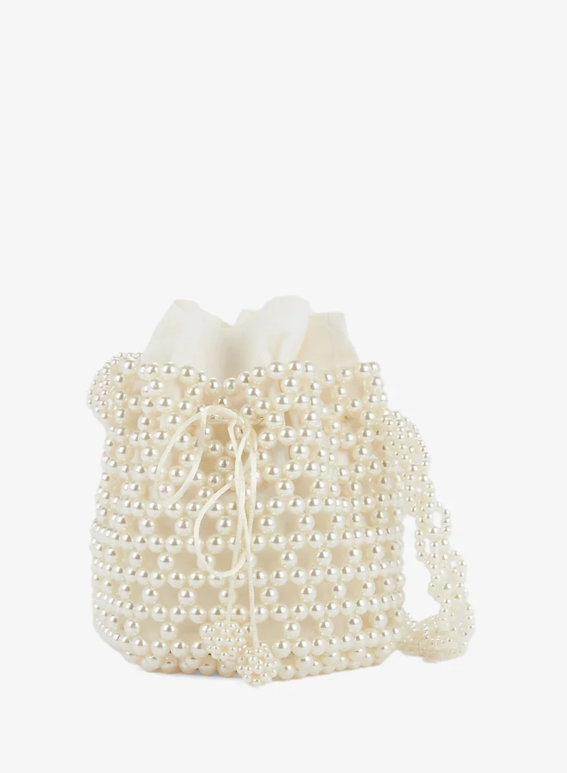 0711 Tbilisi White Pearl Embellished Bucket Bag