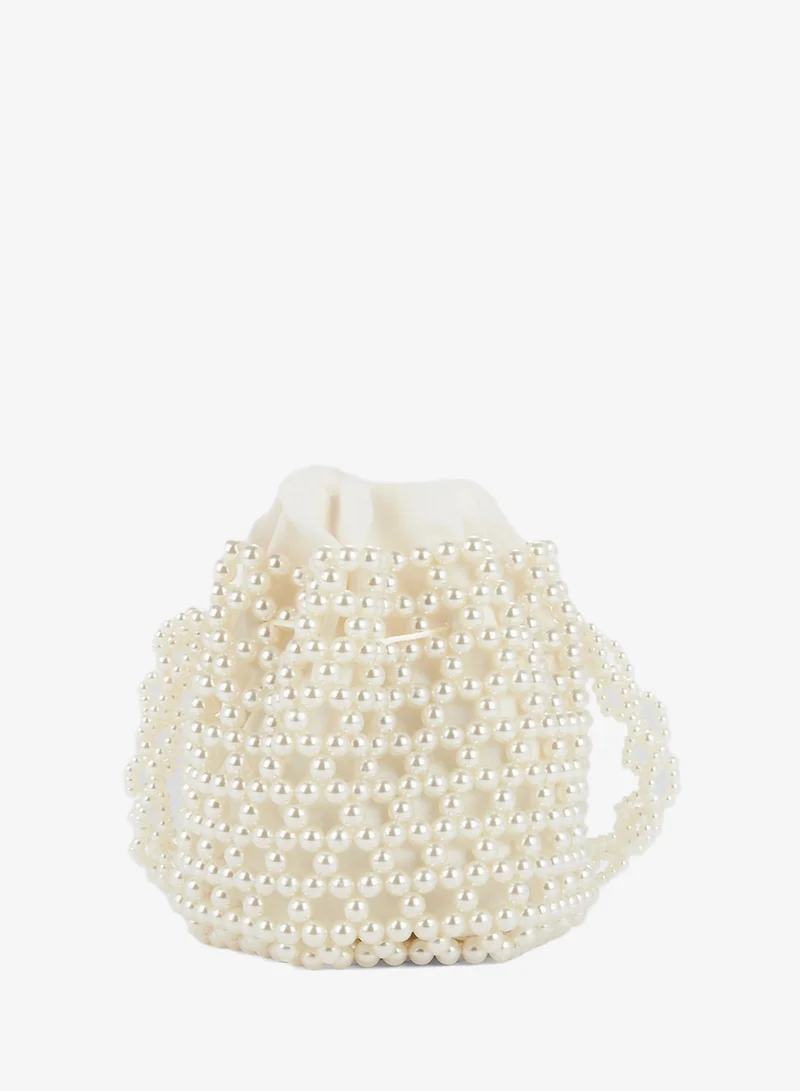 0711 Tbilisi White Pearl Embellished Bucket Bag