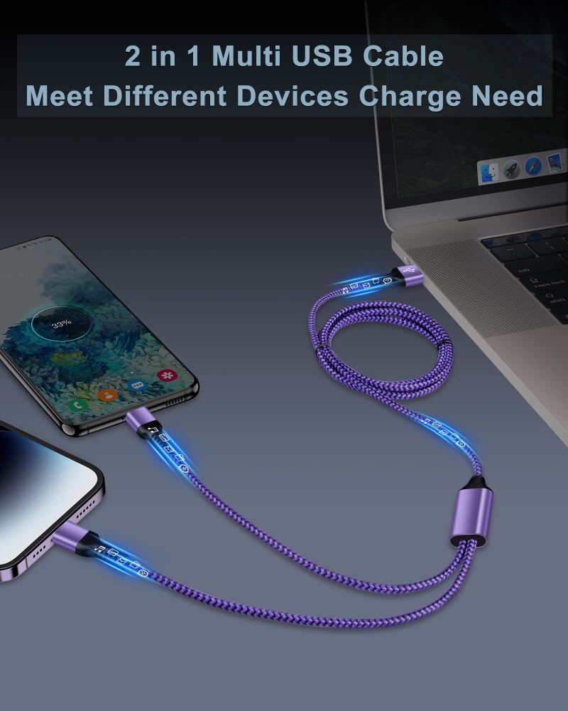 Haoano Multi Charger Cable with Lightning USB C Port 2 in 1 Nylon Braided Multiple USB Cable Fast Charging Cord for iPhone/Android Devices for iPhone 16 15 Pro Max Plus 14 13 12 11, iPad, Samsung, Google-4FT - Image 3