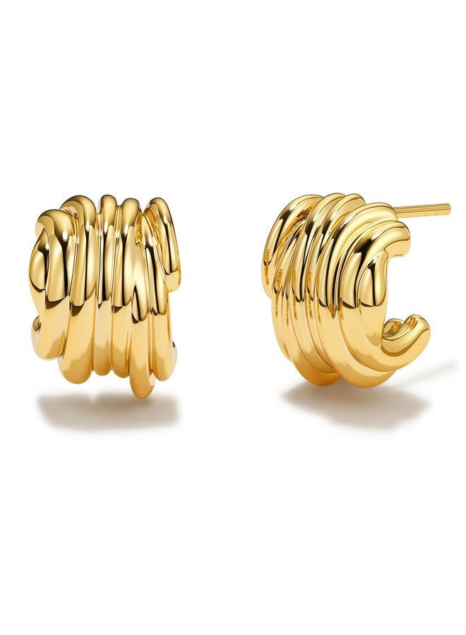 ACC PLANET Chunky Gold Earrings for Women, 18K Gold Plated Striped Ridged Statement Gold Hoop Earrings Hypoallergenic Minimalist Ribbed Textured Studs Jewelry for Women Trendy Jewelry Gifts - Image 1
