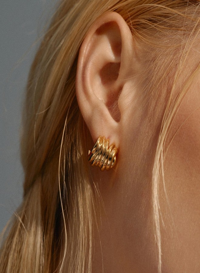 ACC PLANET Chunky Gold Earrings for Women, 18K Gold Plated Striped Ridged Statement Gold Hoop Earrings Hypoallergenic Minimalist Ribbed Textured Studs Jewelry for Women Trendy Jewelry Gifts - Image 3