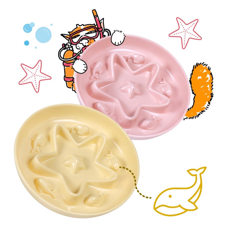 Tafelf 2 Pcs Cat Slow Feeder Bowl â€“ Whisker Friendly Melamine Puzzle Feeding Cat Bowl for Slow Eating â€“ Wet & Dry Food â€“ Dishwasher Safe, Lightweight, Non-Slip (Buttercream + Coral Pink, 6.3'') - Image 1