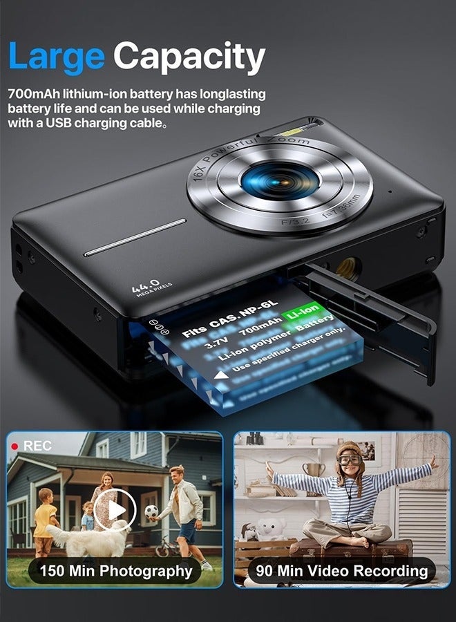 44MP HD Digital Camera with 32GB Card, Compact Photo Camera with 1080P Video, 2.4" Screen, 16X Zoom, Anti-Shake, and Rechargeable Battery for Girls and Boys, Perfect for Kids and Beginners - Image 3