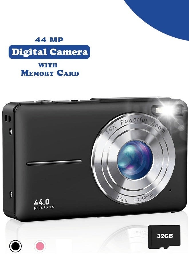 44MP HD Digital Camera with 32GB Card, Compact Photo Camera with 1080P Video, 2.4" Screen, 16X Zoom, Anti-Shake, and Rechargeable Battery for Girls and Boys, Perfect for Kids and Beginners - Image 1