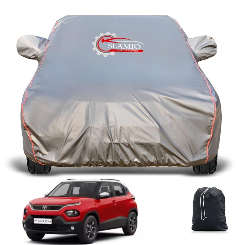 Slamio Heavy-Duty Car Body Cover for Tata Punch CNG (2021-2025) | Waterproof, Dustproof, UV Protection, Custom Fit, Heavy Belt & Buckle with Mirror & Antenna Pocket | Dark Grey - Image 1