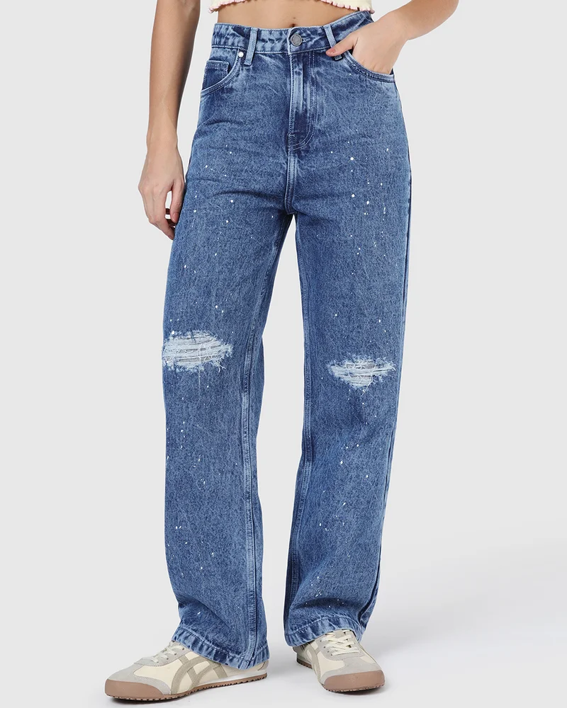 بيواكوف Women's Light Blue Straigh Fit Washed Distressed Jeans