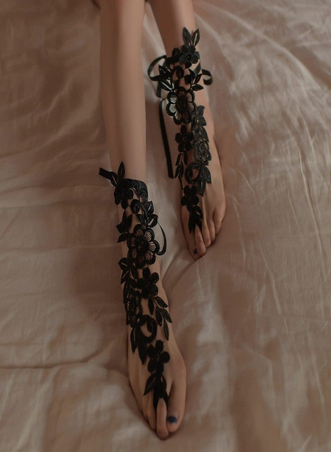 FORUBUS Sexy Flower Lace Anklet with Toe Ring for Women, Bowknot Tie Strap Embroidery Floral Lace Anklets for Wedding Barefoot Beach Sandals Jewelry-black - Image 2